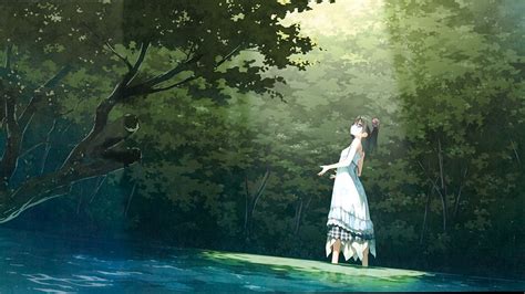 K Anime Girls Dress Landscape Clouds Sky Original Characters Mountains Lake HD