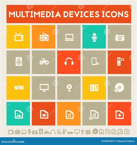 Multimedia Devices Icon Set Multicolored Square Flat Buttons Stock