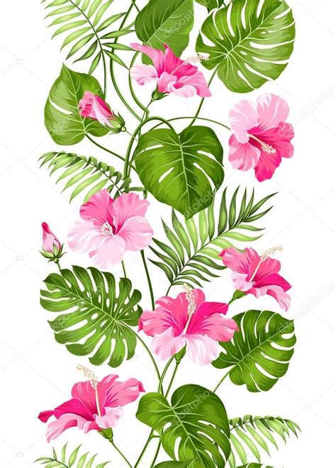 Pink Flowers And Green Leaves On A White Background With Clippings For