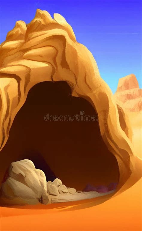 Desert Cave Entrance With A View On A Fantasy Landscape Stock