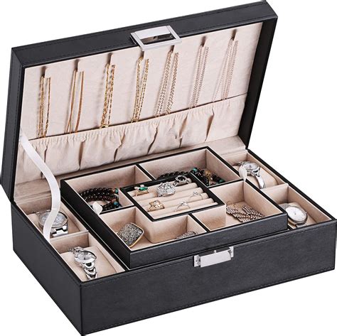 Bewishome Jewelry Box Organizer With 4 Watch Case Removable Tray