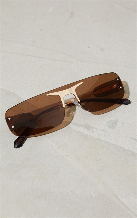 brown frameless squareframe gold trim sunglasses prettylittlething usa