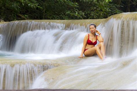 Woman In Red Bikini Beautiful At Erawan Waterfall And Natural Stock Image Image Of Jungle