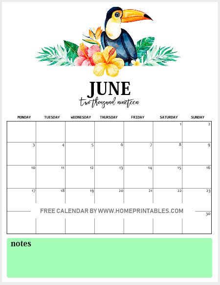 Free Printable Monthly Calendar 2019 In Vibrant Tropical Forest Theme
