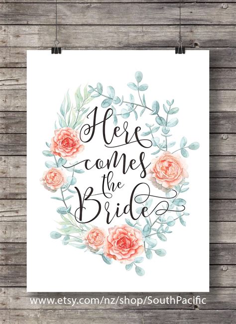 Here Comes The Bride Calligraphy Wedding Sign Blush Peonies Etsy