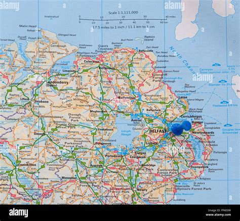 Road Map Of Northern Ireland With A Map Pin Indicating Belfast In