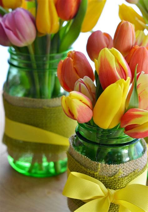 Spring Tulips Burlap Wrapped Mason Jars Mason Jar Flower