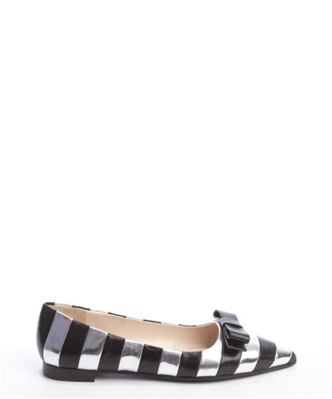 Lyst Prada Black And Patent Silver Leather Striped Bow Flats In Black