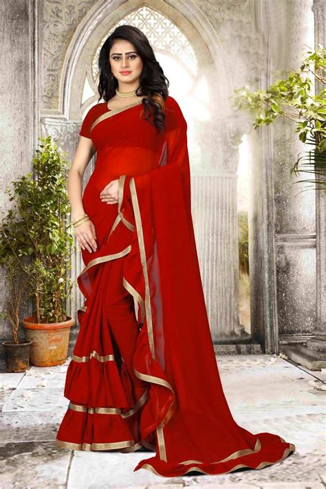 Red Plain Georgette Saree With Blouse Hitansh Fashion 3260281