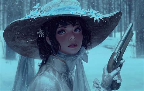 Hd Wallpaper Fantasy Girl Semi Realistic Gun Hat Snow Blue Eyes