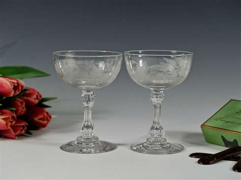 Pair Of Engraved Champagne Glasses English C1880
