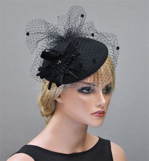 Womens Black Winter Fascinator Ladies Black Felt Hat Duchess Kate