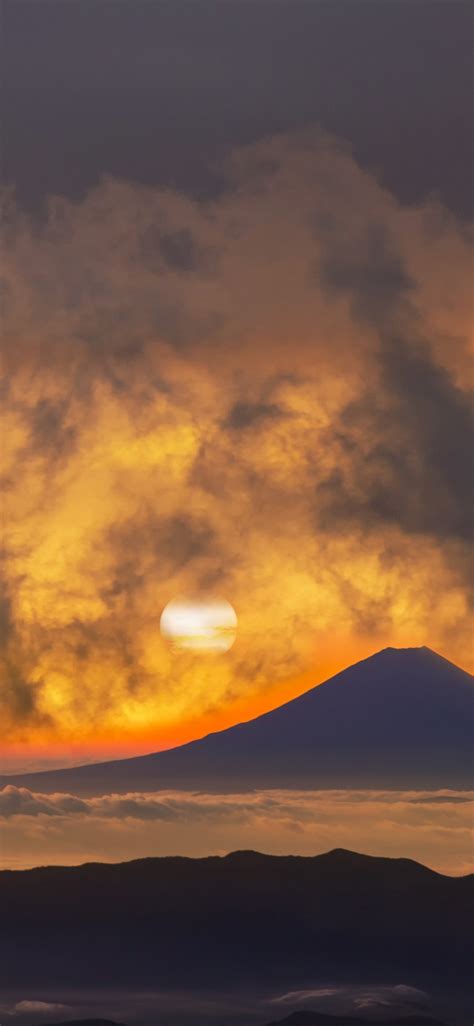 1125x2436 Volcano Mountains Sky Fantasy Orange Clouds Sunset 5k Iphone