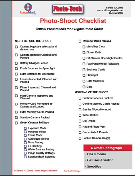 Photo Shoot Checklist Photography Business Forms Photography