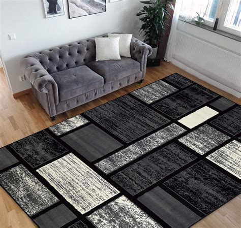 Square Pattern Area Rug Geometric Contemporary Black And Grey Carpet