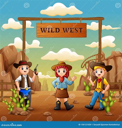 Cartoon Cowboys And Cowgirl In Wild West Background Stock Vector