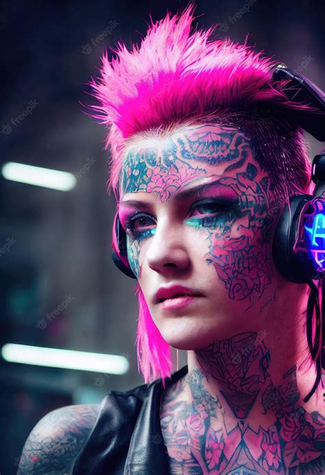 premium photo realistic portrait of a fictional punk girl with headphones and pink hair