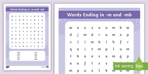 Words Ending In M And Mb Word Search M And B Word Search