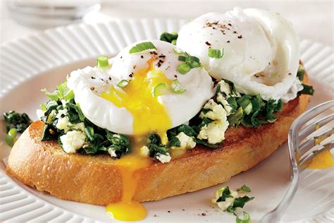 Poached Eggs On Spinach Feta Toast Canadian Living