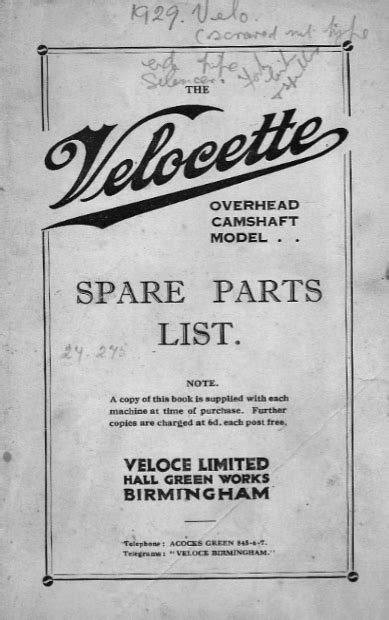 1929 Velocette Ohc Motorycle Parts Manual Vintage Motorcycle How To