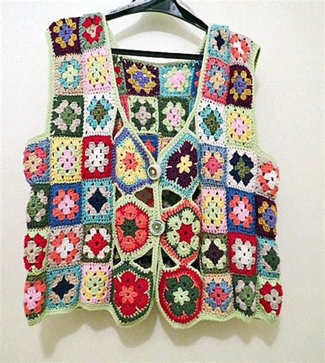 Vest Womens Hand Crochet Granny Square Vest One Of A Etsy