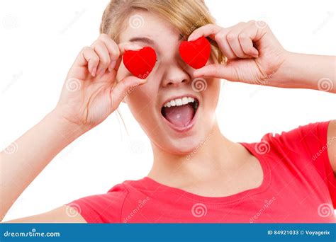 Funny Woman Holds Red Hearts Over Eyes Stock Image Image Of Delight