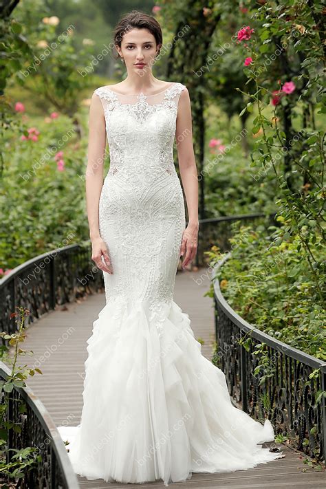 Buttons have been added to lift the train during reception. Strapless Lace Tulle Flounced Mermaid Bridal Gown - Brydealo