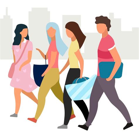 Friends Walking Together Flat Vector Illustration Girls And Guy At City Street Cartoon