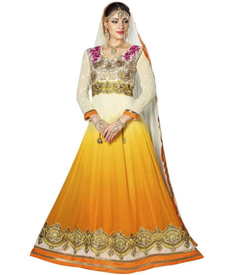 Prafful Yellow Embroidered Georgette Semi Stitched Anarkali Dress Material With Dupatta Buy