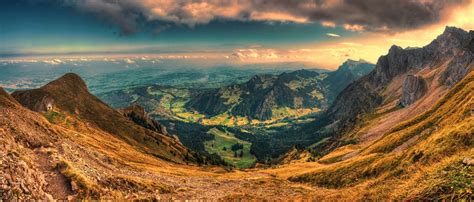 Sunset Valley Panoramas Switzerland Nature Mountain