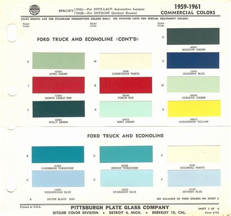 1959 1960 1961 Ford Econoline Ranchero Pickup Truck Paint Chips Sheet