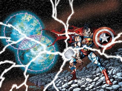 Superman Wielding Thors Hammer And Captain Americas Shield Dccomics