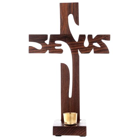 Croix Jesus à Poser Bois H 24 Cm Avec Porte Bougie 2 Cm Vente En