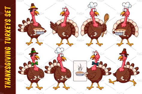Thanksgiving Cartoon Turkeys Set ~ Illustrations