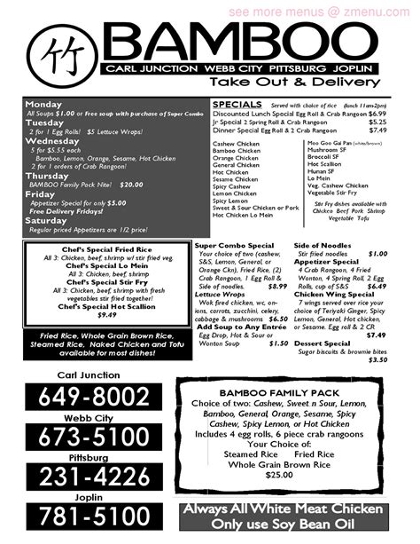 Click below for our restaurant and takeaway menus. Online Menu of Bamboo Restaurant, Joplin, Missouri, 64804 ...