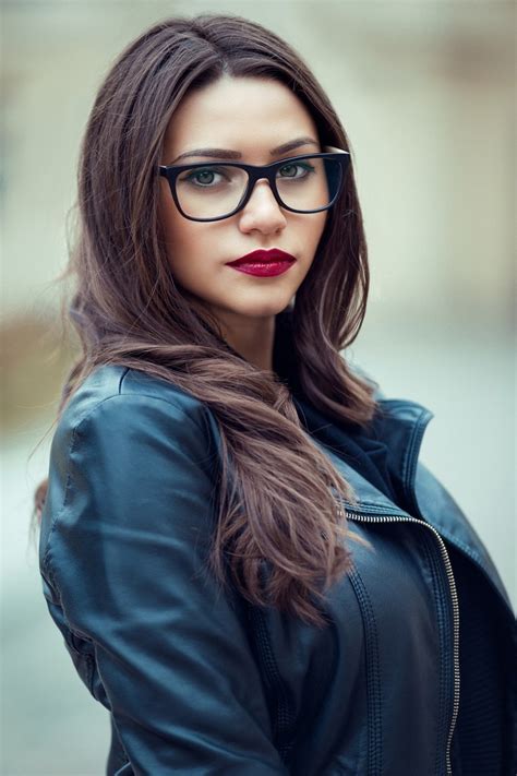 Andrea Model Women Brunette Women With Glasses Glasses Jacket Denim Jacket Makeup