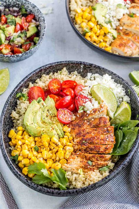 Sprinkle the avocado and cucumbers with a little salt. Chicken Quinoa Bowl Recipe - Valentina's Corner