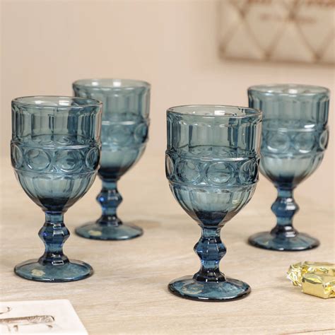 Set Of Four Sapphire Blue Cut Glass Wine Goblets By Dibor