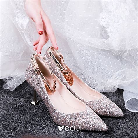 Glitzernden Rose Gold Pailletten Brautschuhe 2020 8 Cm Stilettos