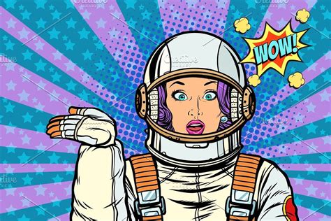 ok gesture female astronaut retro vector illustration pop art posters astronaut art