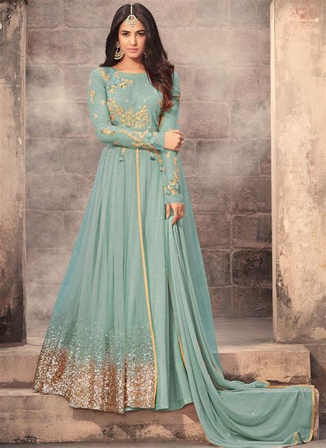 Light Blue Embroidered Net Anarkali Suit Pakistani Dresses Indian Dresses Indian Outfits
