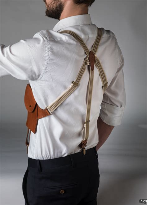 Leather Suspender With Pockets Cognac With Blue And Brown Fabric
