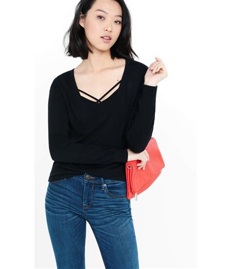 Lyst Express Deep V Neck Cut Out Zip Back Abbreviated Sweater In Black