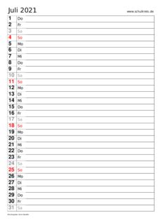 Ein 3monatskalender 2019 enthält zum beispiel die wochentage für 2019. Monatskalender Juli 2021 - Monats-Terminkalender kostenlos ...