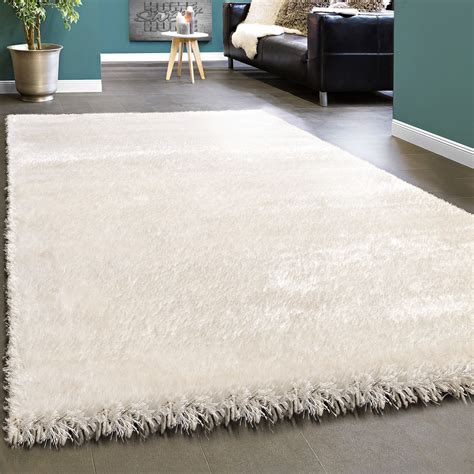 Paco Home Élégant Tapis Shaggy Poils Hauts Uni Moelleux Brillant En Blanc Crème Pas Cher