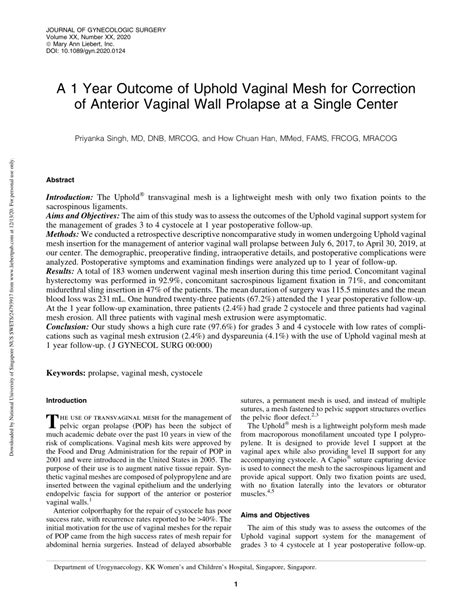 Pdf A 1 Year Outcome Of Uphold Vaginal Mesh For Correction Of Anterior Vaginal Wall Prolapse