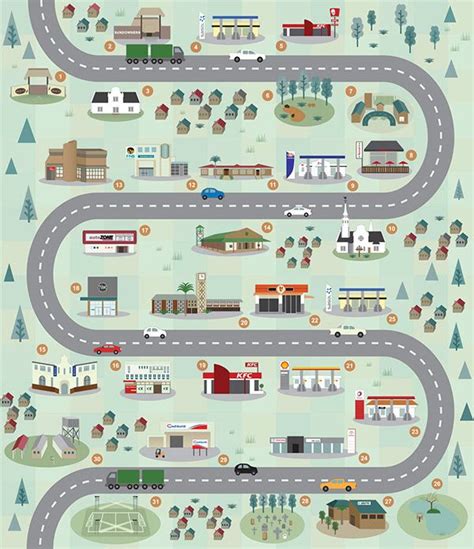 A Road Map With Cars Trucks And Buildings On The Sides In Various