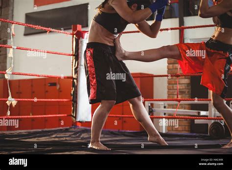 Two Female Boxers Fighting In The Ring Stock Photo Alamy