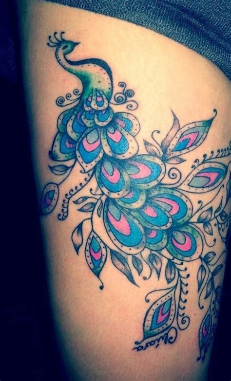 Thigh Watercolor Tattoo About Peacock Bird Feather Leaves Con