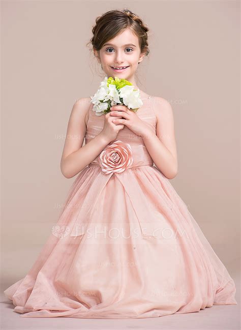 a line princess tea length flower girl dress tulle sleeveless straps with flower s 010106131